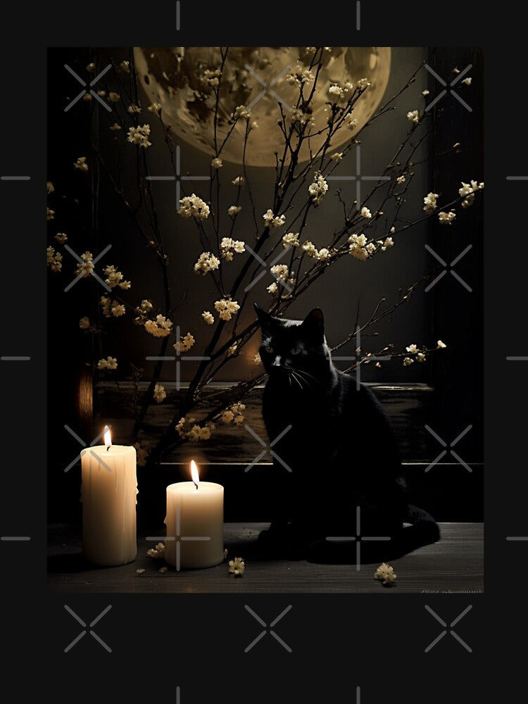 Black Cat White Flowers Full Moon by InspiredbyOllie