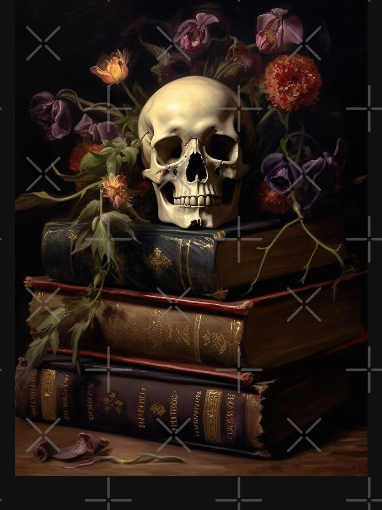 Dark Academia Skull Books Painting, Dark Cottagecore Gothic Still Life Painting by Kink Collective