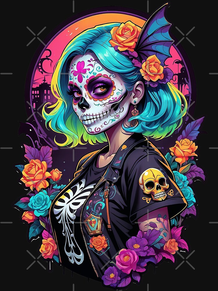 Vibrant Sugar Skull Girl Dia de los Muertos Design by Victor Shadehorn
