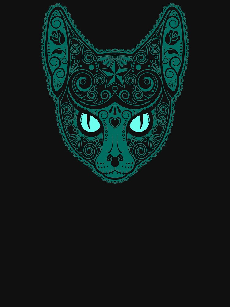 Decorated Teal Blue Sugar Skull Cat by JeffBartels