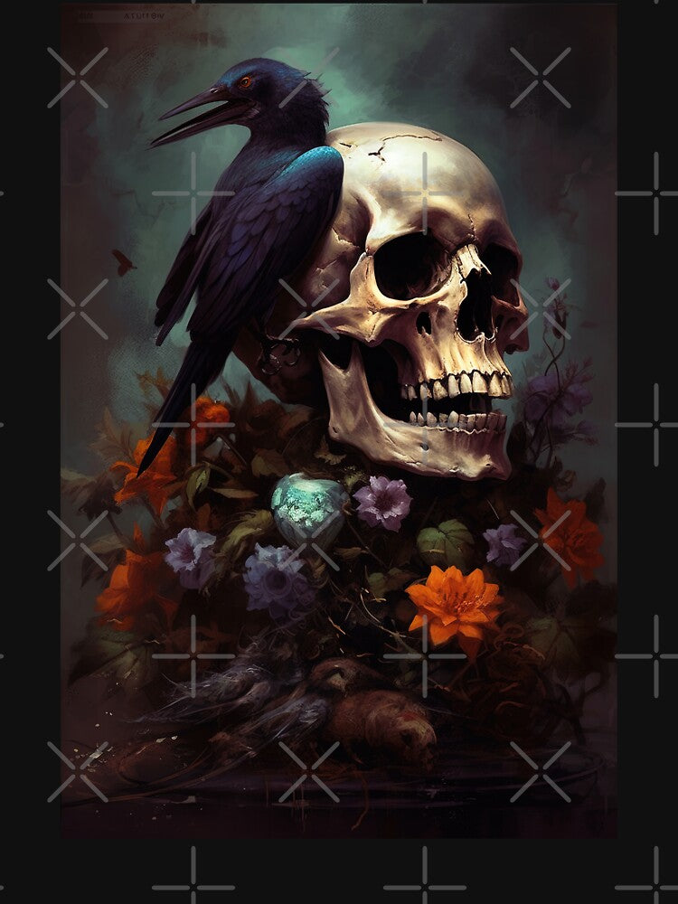 Dark Academia Skull with Raven Painting, Dark Cottagecore Gothic Still Life Painting by Kink Collective