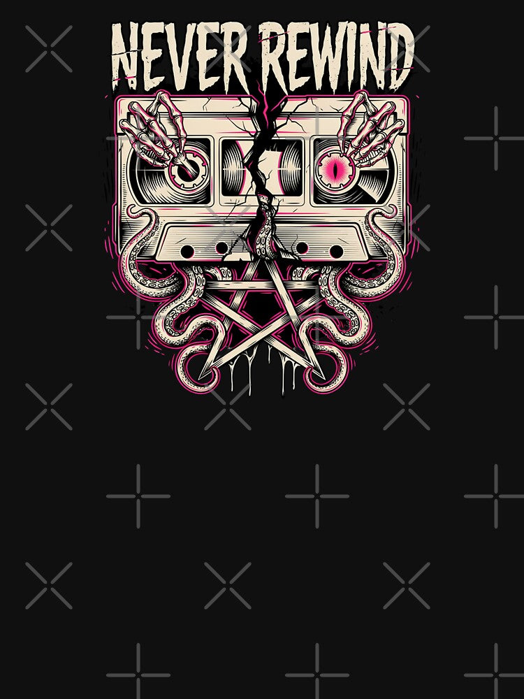 Never Rewind, Retro VHS Horror Skull Tentacle Neon 80s Graphic by CryptReel