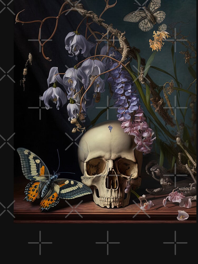 Dark Academia Skull Flowers Painting, Dark Cottagecore Gothic Still Life Painting by Kink Collective