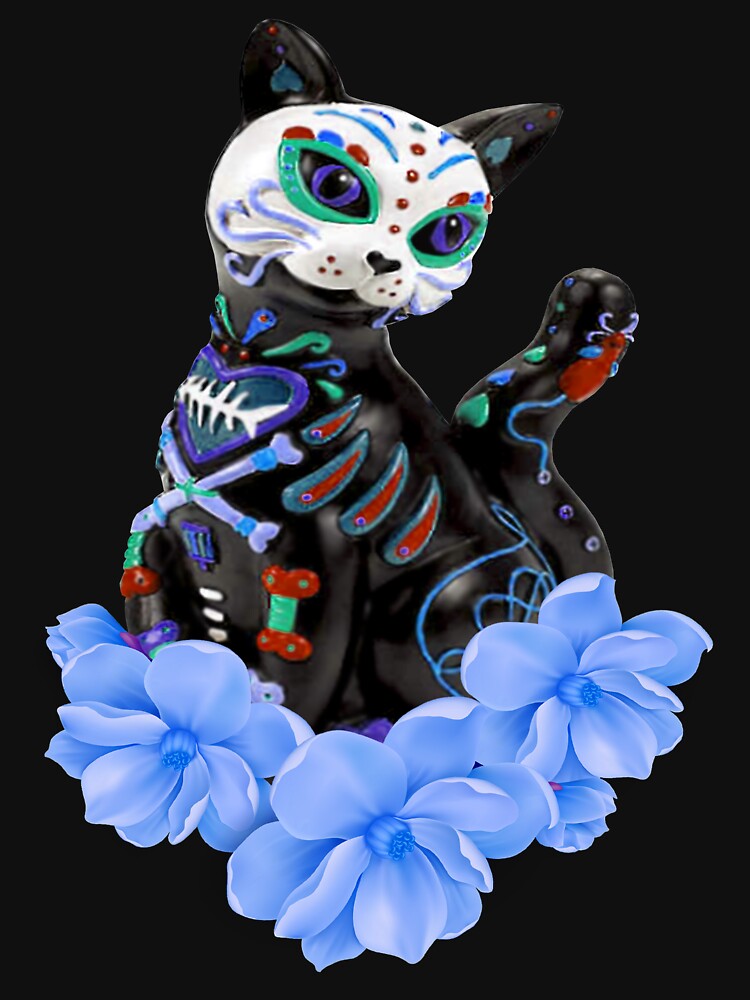 Day Of The Dead Sugar Skull Cat Blue Flowers by Atteestude