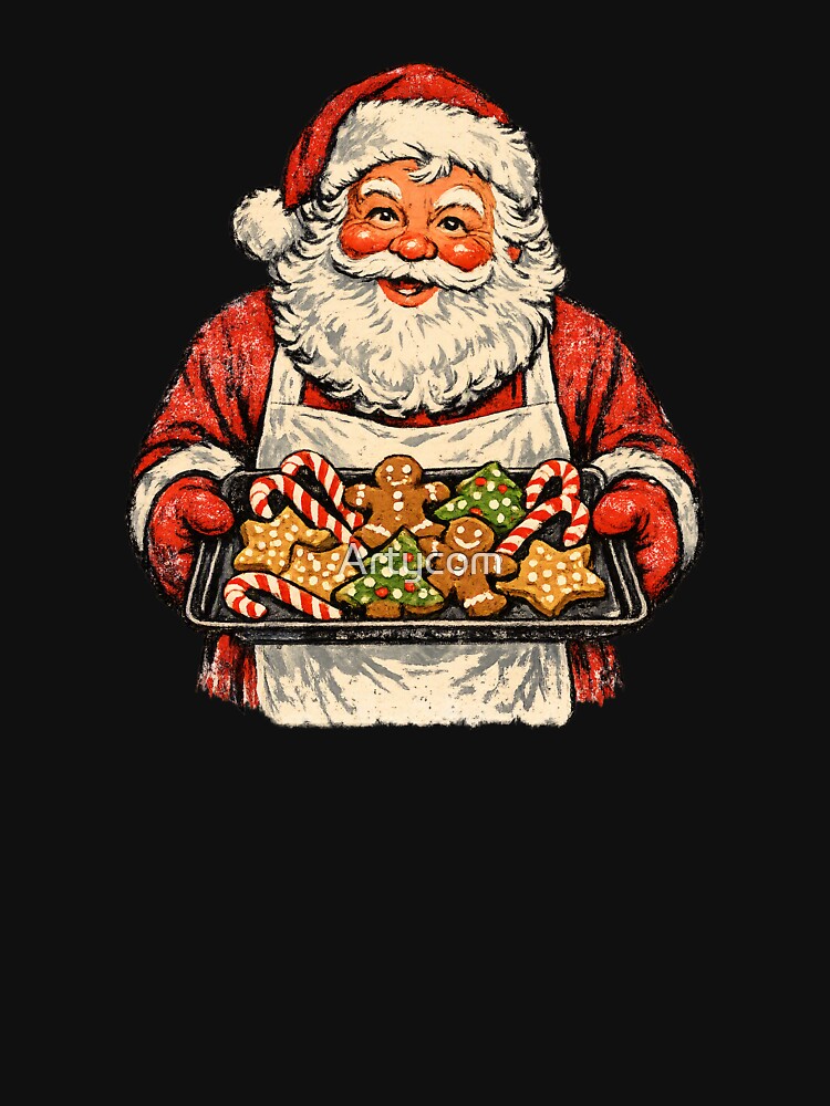 Vintage Santa Claus Baking Christmas Cookies Retro 1950s Art Gift by Artycom