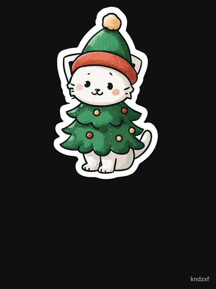Cute White Kitten Dressed as Christmas Tree Cartoon Desing by kndzxf