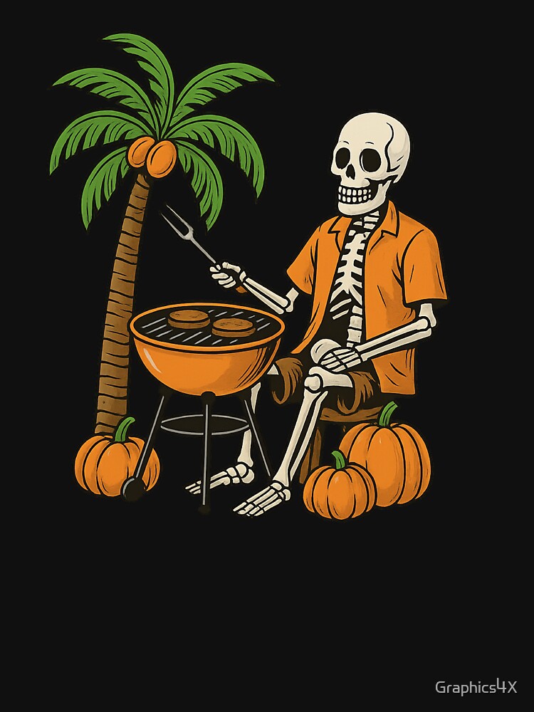 Skeleton Grilling Burgers Halloween Tropical Design by Graphics4X