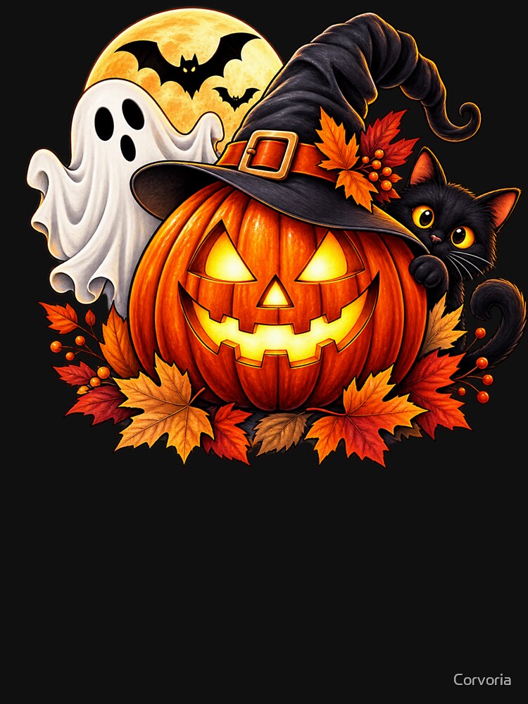 Happy Halloween Pumpkin Ghost Black Cat by Corvoria