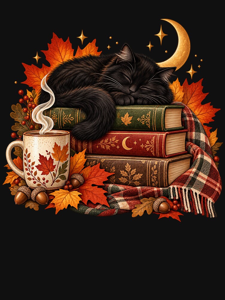 Cozy Autumn Black Cat – Sleeping Book Lover by lbenoraib