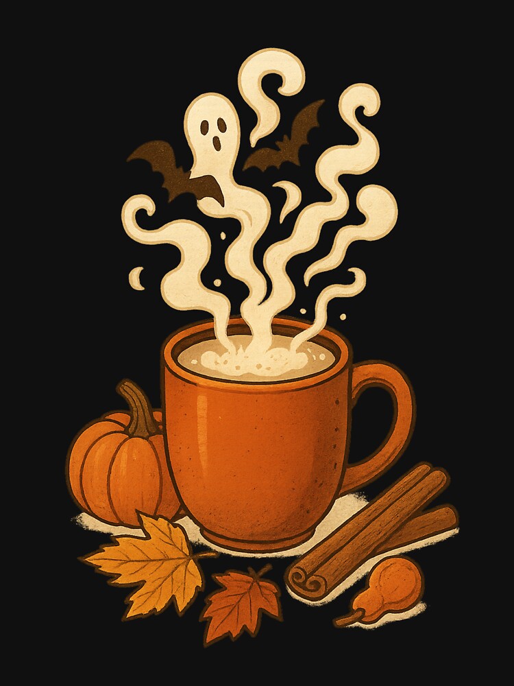 Cozy Halloween Mug – Ghosts and Bats Rising with the Steam by NoRestDesigns