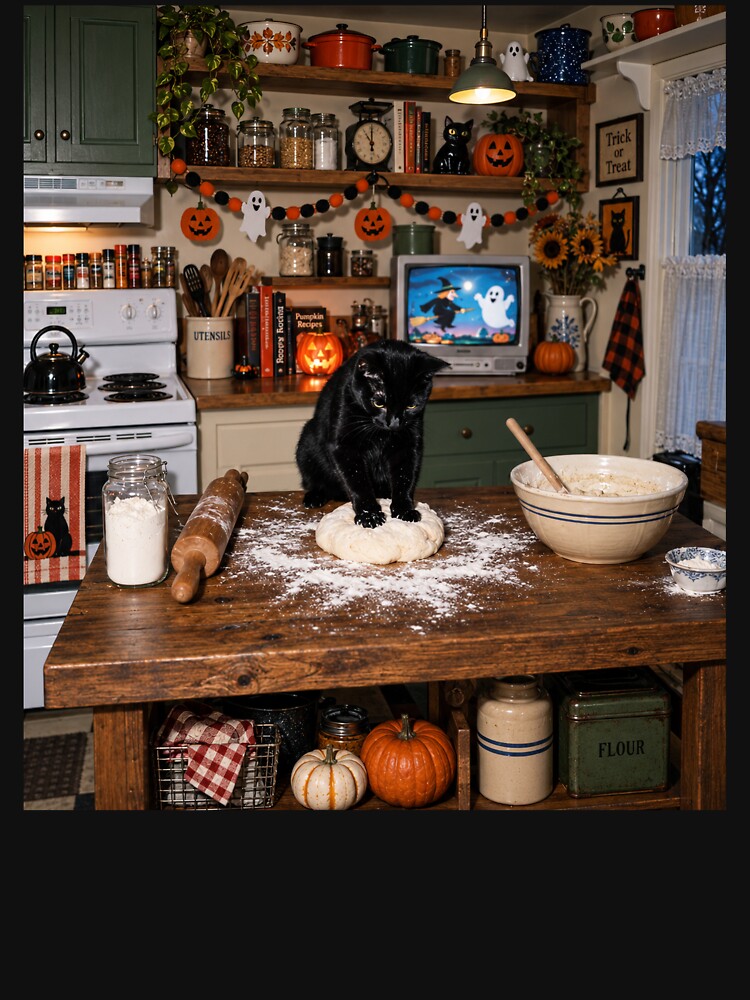 Halloween Black Cat Making Biscuits In Cozy Kitchen by dexlawpie