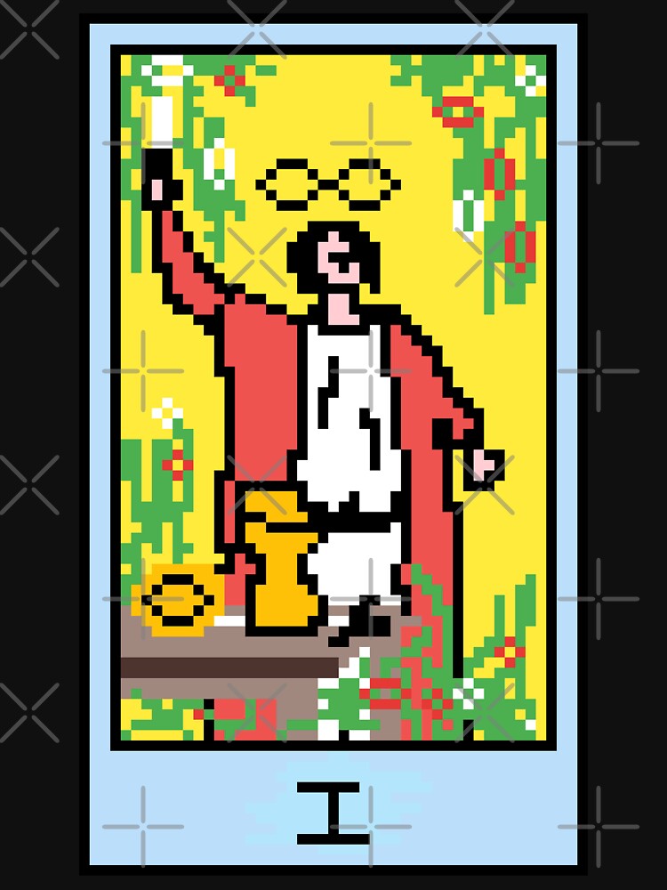 Wait, is this pixel art tarot? Black - Major Arcana 'The Magician' (Design for T-shirt, stickers and other accessories) by Pixel Waite