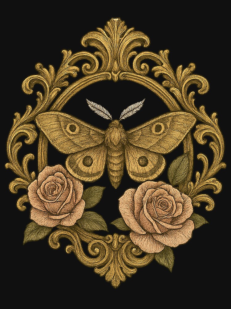 Gothic Moth and Roses Illustration – Ornate Vintage Frame Art by Mouraludia