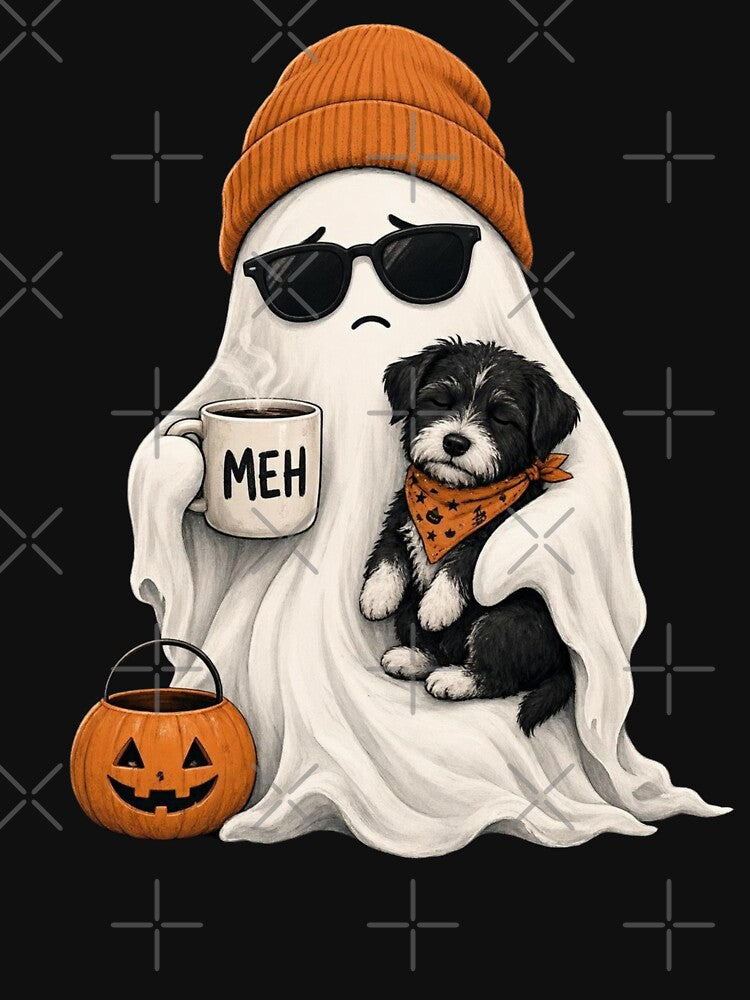 Meh Ghost Drinking Coffee Cute Puppy Dog Halloween by CF_VintageDesign