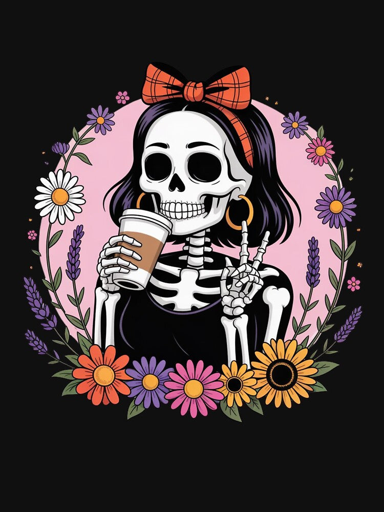 Skeleton Girl with Coffee & Wildflowers | Cute Floral Gothic Aesthetic by ColorSplash123