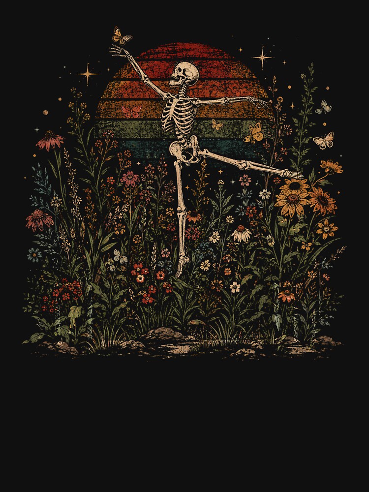 Retro Dancing Skeleton Wildflower Meadow Vintage Gothic by Moizento
