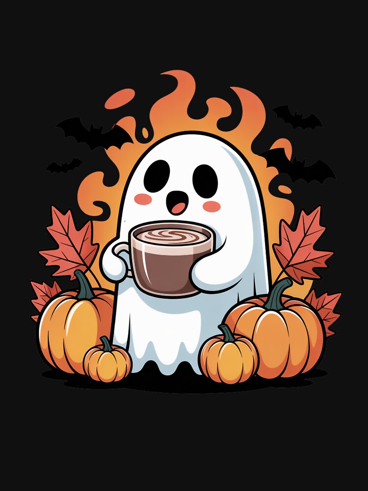 Coffee Lover Ghost – Cute Kawaii Ghost with Pumpkin Spice Latte and Autumn Pumpkins by ColorSplash123