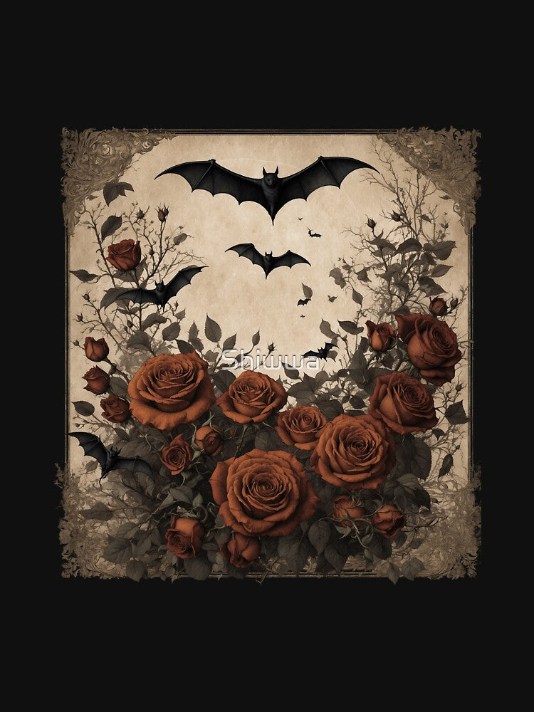 Gothic Bats and Roses Vintage Botanical Halloween Art by Shiwwa