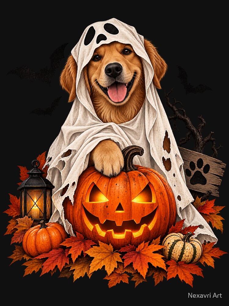 Halloween Dog – Cute Ghost Dog & Pumpkin by Nexavri Art