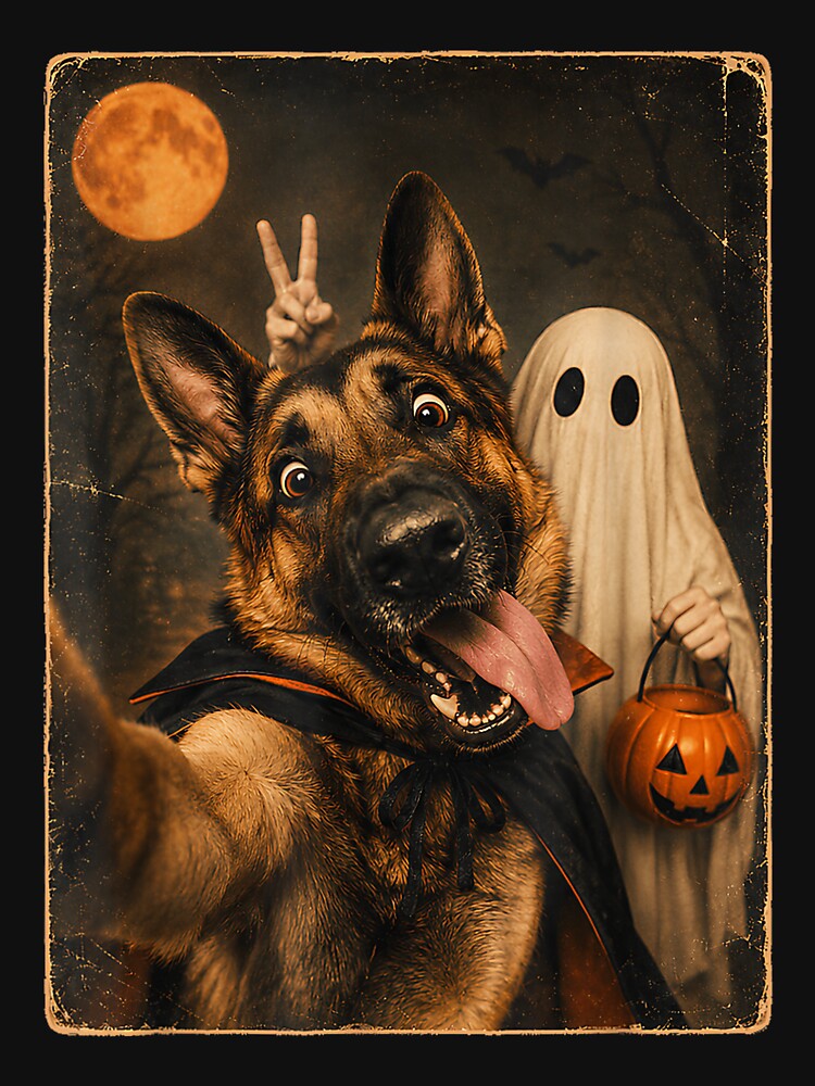 German Shepherd Dog Ghost Boo Selfie Meme Halloween Men by TaraxDoolittle