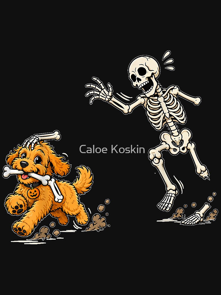 Funny Goldendoodle Dog Stealing Bone from Skeleton Halloween by SuziLope