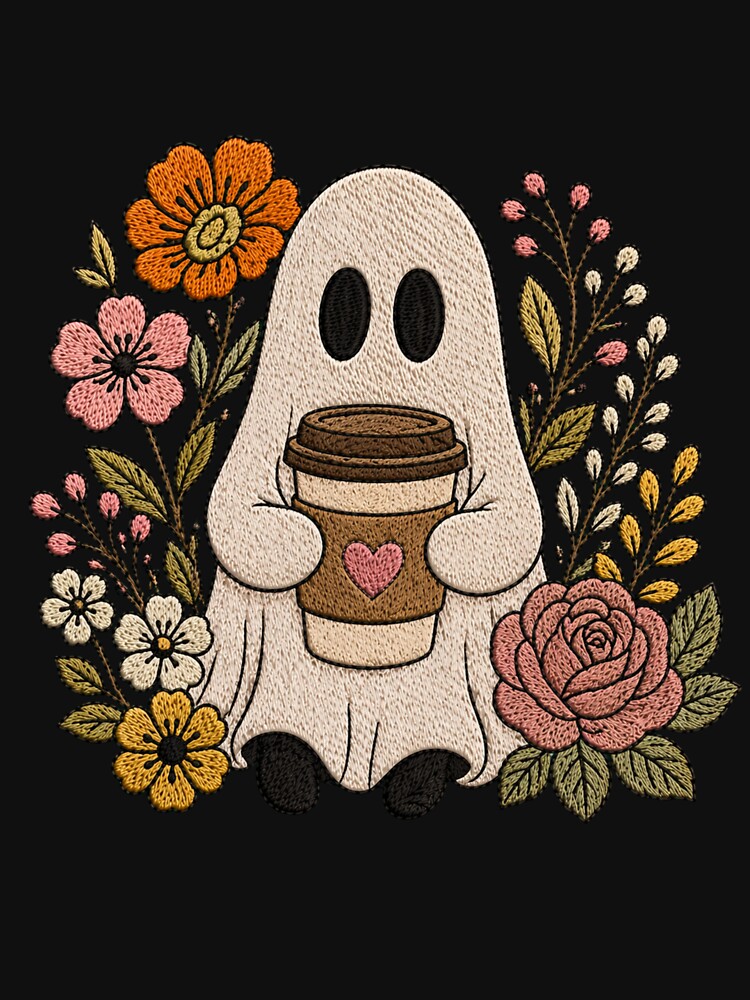 Coffee Lover Ghost Cute Embroidery Style Cozy Ghost Floral Aesthetic Design by ColorSplash123