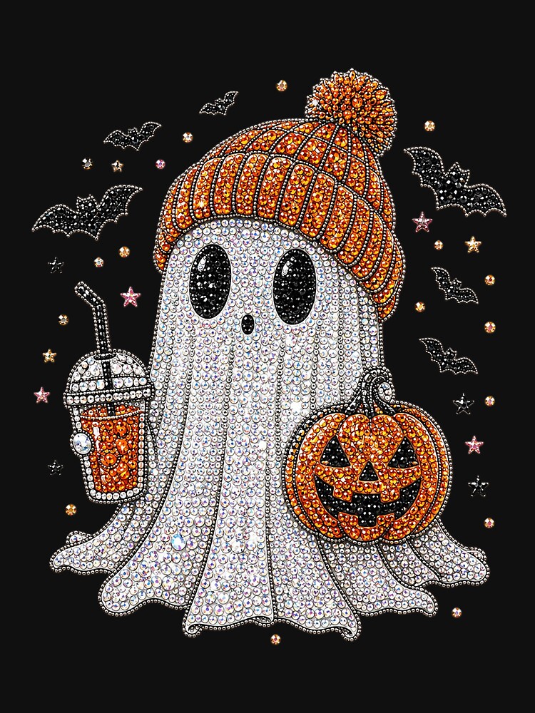 Cute Ghost With Beanie Holding Coffee And Pumpkin Halloween Bling by DYALEEZ-XCR