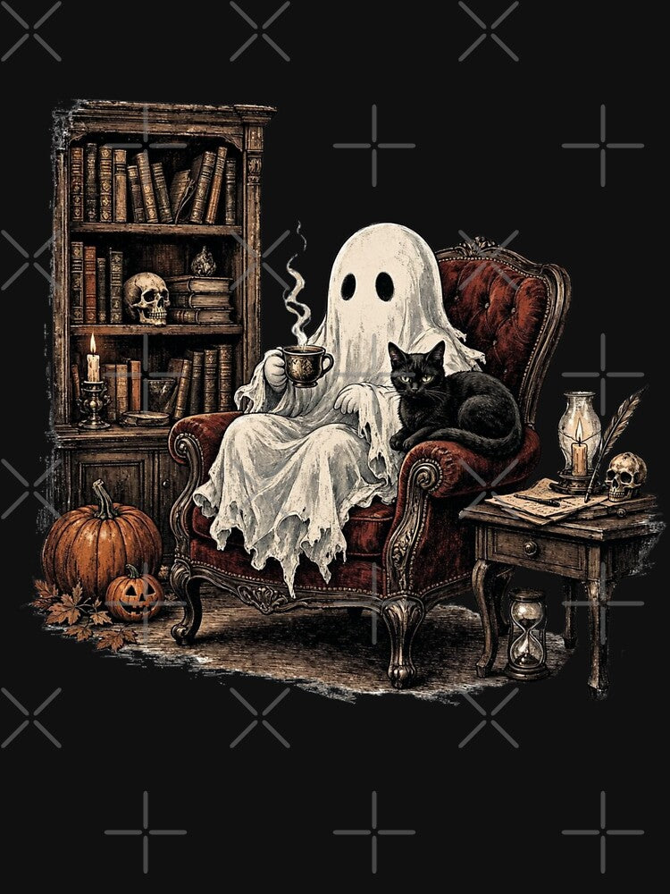Funny Cozy Ghost Coffee with Black Cat Spooky Cute Halloween by CF_VintageDesign