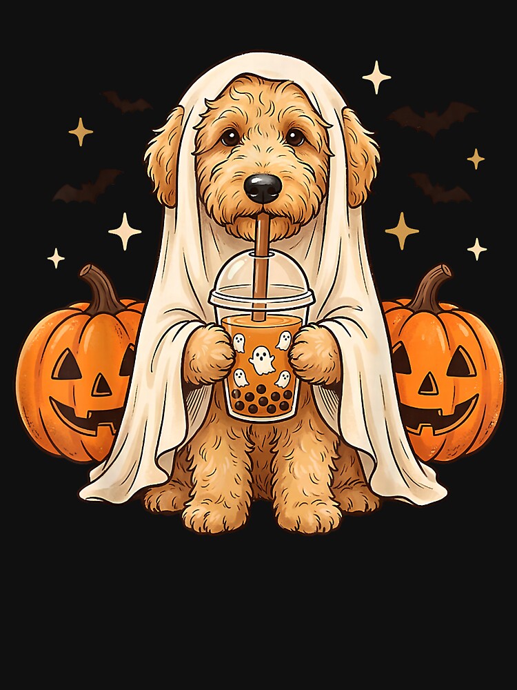 Goldendoodle Ghost and Boba Cute Halloween Dog by CabreraLama