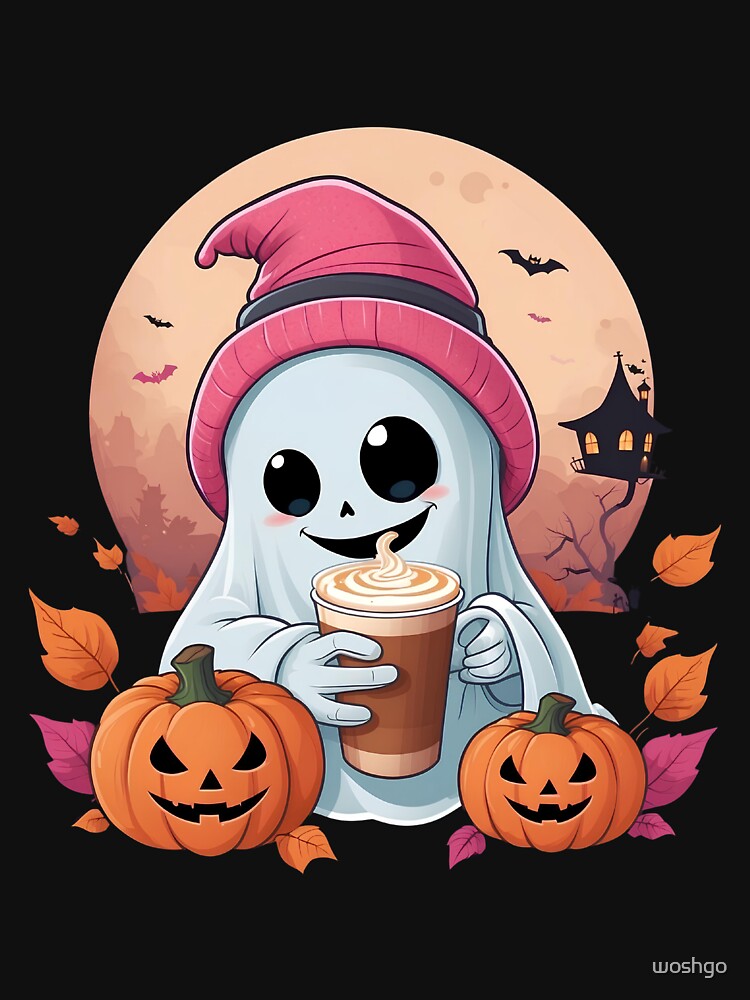 Cute Ghost Drinking Coffee Halloween Ghost Ice Coffee Womens by woshgo