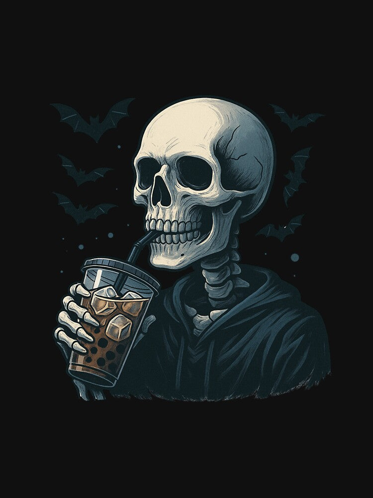 Goth Skeleton Drinking Iced Coffee – Bats & Bones Aesthetic for Caffeine Lovers by ColorSplash123