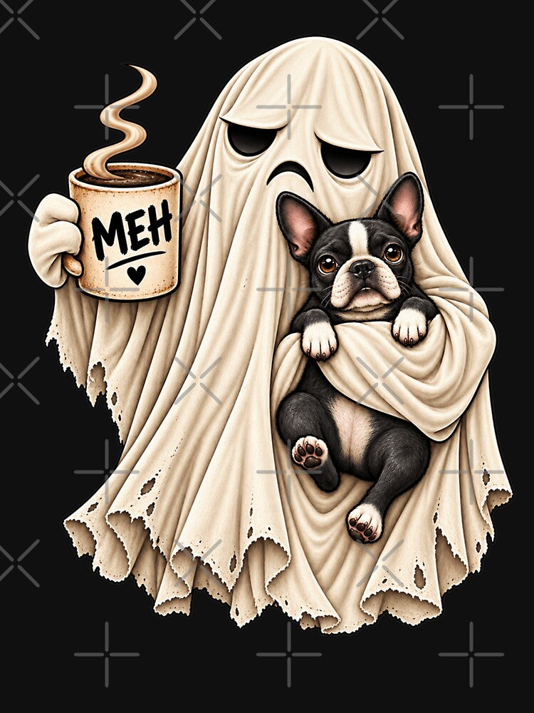 Grumpy Ghost Boston Terrier Holding Coffee Funny Halloween Dog by 76Valeria