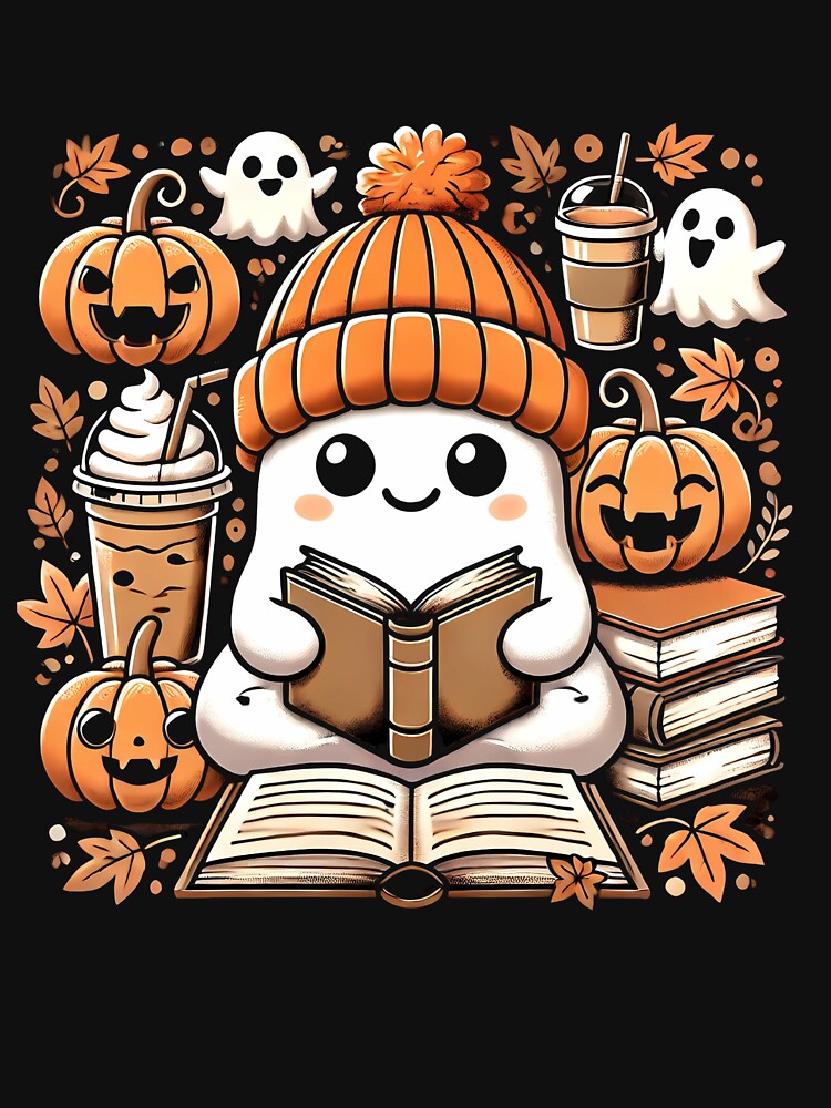 Cute Ghost Reading Books Pumpkin Coffee Halloween Shirt by Nalin-Design