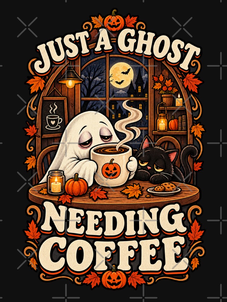 Ghost Needing Coffee With Black Cat Halloween by STOREMAAR