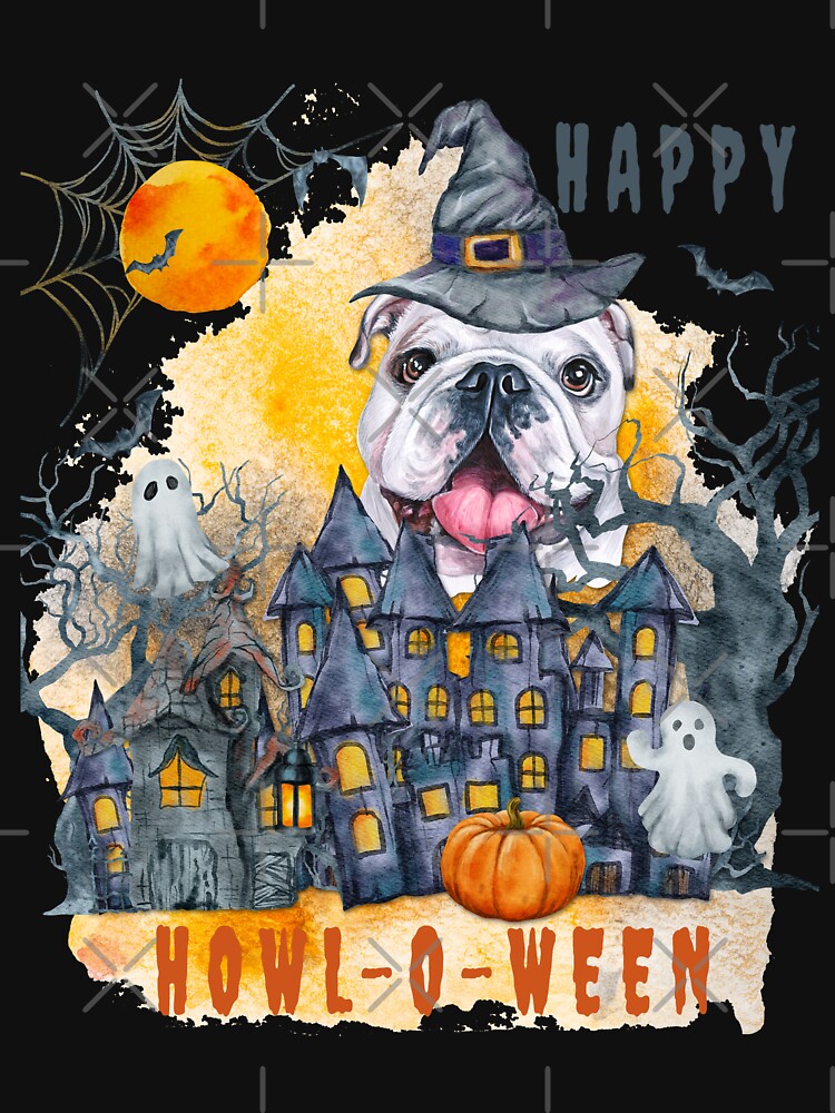 English Bulldog Happy Howl-o-ween Ghost Houses Funny Watercolor by Cuddlythopia