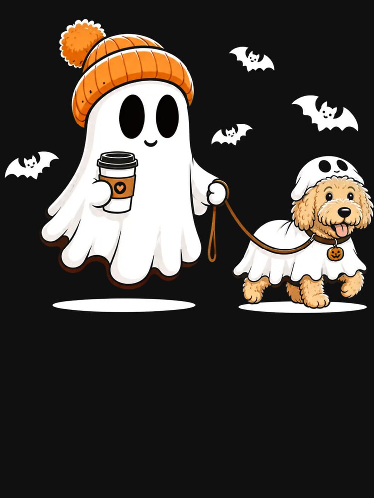 Cute Ghost and Dog Halloween Costume with Pumpkin Coffee by Artbyrome