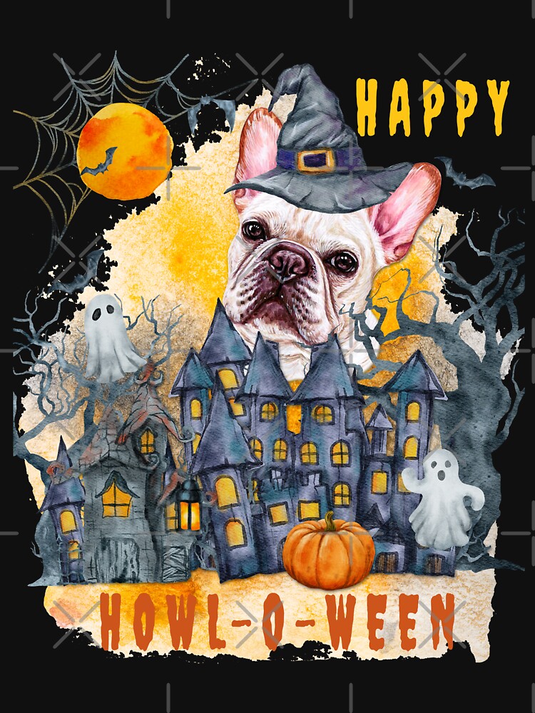 French Bulldog Happy Howl-o-ween Ghost Houses Funny Watercolor by Cuddlythopia