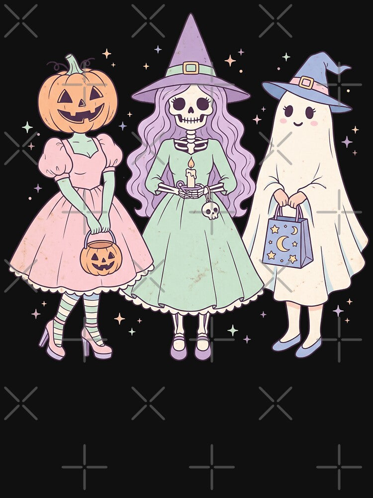 Cute Pastel Goth Halloween Girls Retro Pumpkin Skeleton Ghost Spooky Kawaii Art by ArcaneArtistry