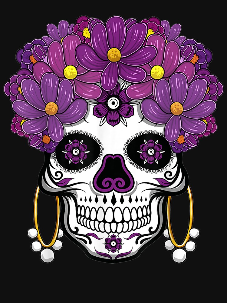 El Dia De Muertos Purple Sugar Skull Flowers Mexican by patsa4