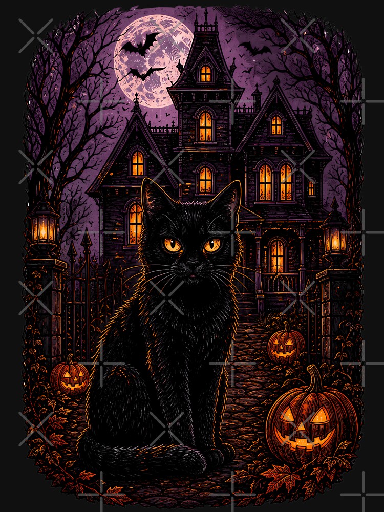 Haunted House Black Cat Halloween Vintage Gothic Moon Design by JessArty ⭐⭐⭐⭐⭐