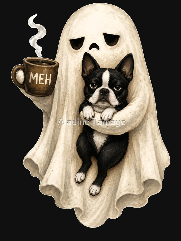 Grumpy Ghost Boston Terrier Holding Coffee Spooky Halloween by Aladino Tamayo