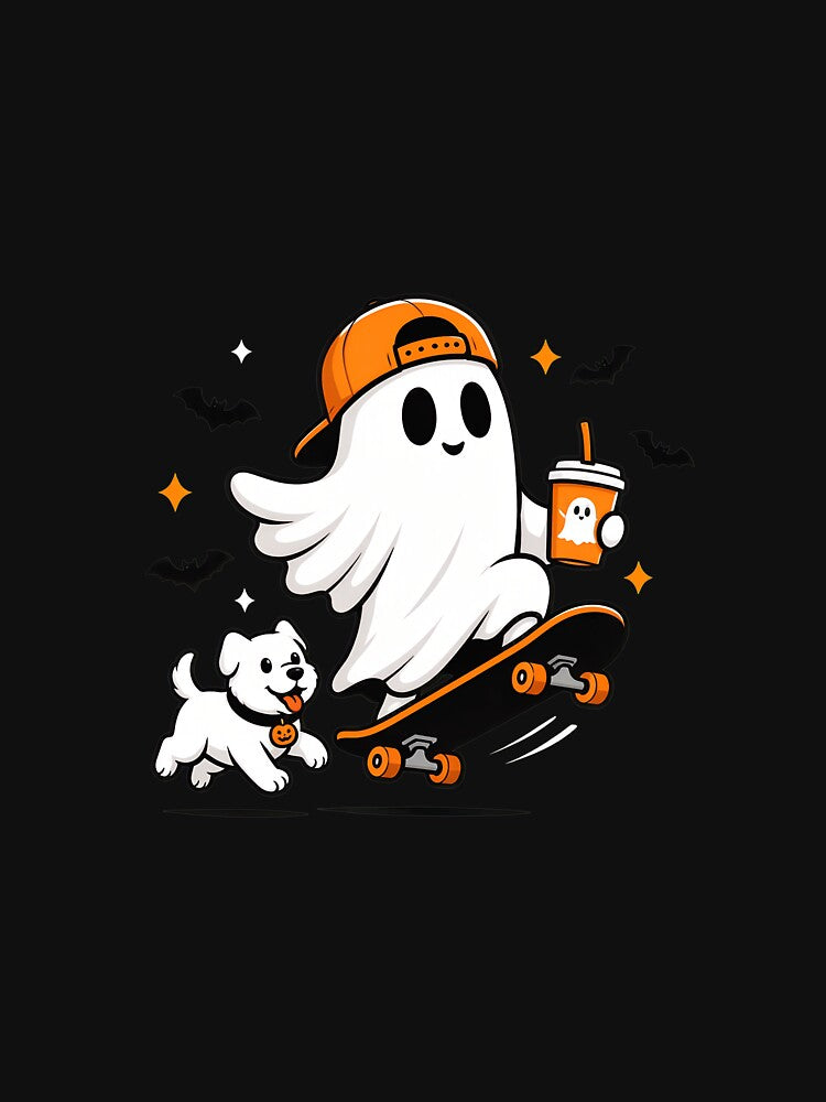 Cute Halloween Skateboarding ghost Coffee Lover with Dog by leocreatives