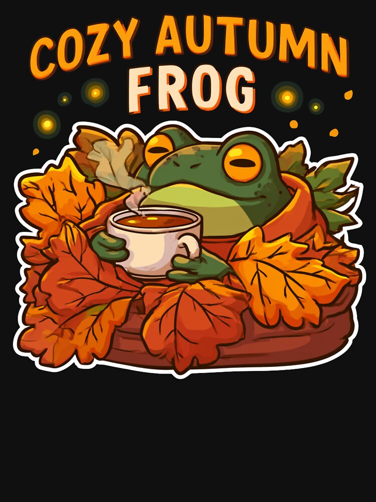 Cozy Autumn Frog - Cute Frog in Fall Leaves with Tea by AceEye
