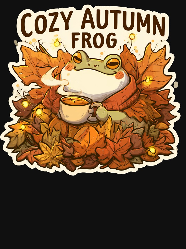 Cozy Autumn Frog with Tea - Cute Frog in Fall Leaves by AceEye