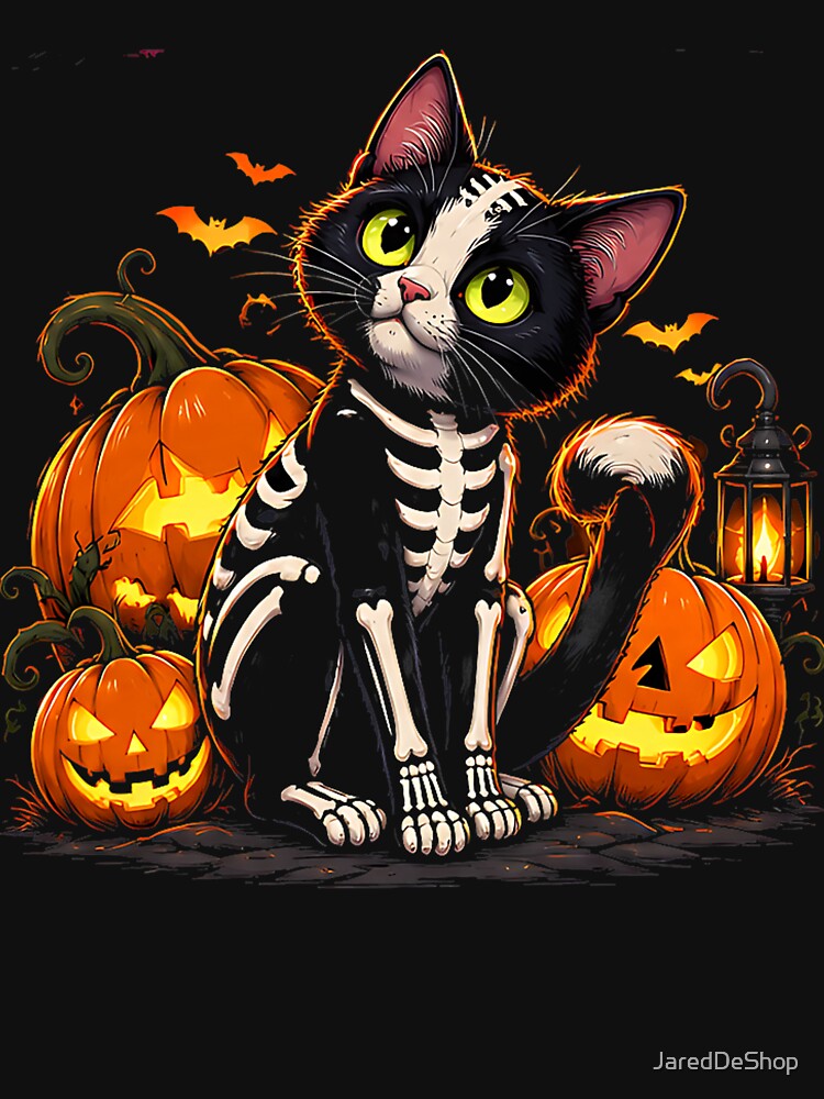 Funny Halloween Cat Skull Costume Spooky Season Pumpkin by JaredDeShop