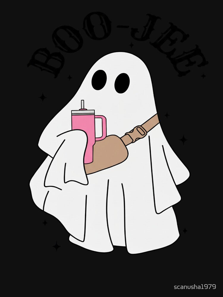 Cute Ghost with Drink | Spooky Season Aesthetic Art by scanusha1979