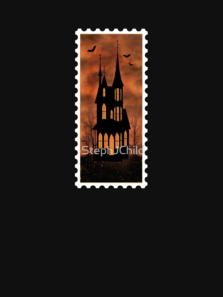 Spooky Halloween Haunted House postage stamp design by StephJChild