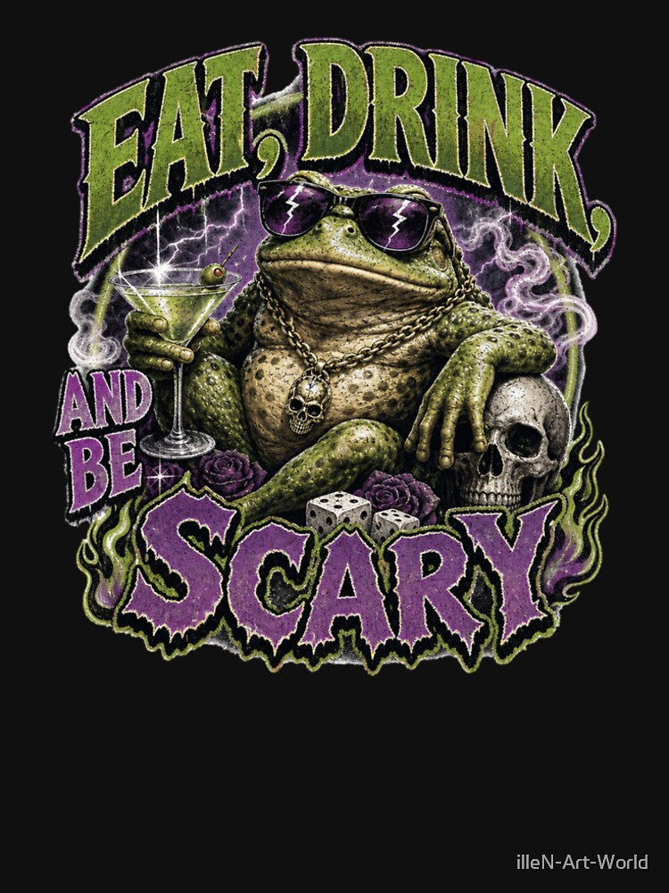 Eat Drink And Be Scary Frog Cocktail T-Shirt | Funny Halloween Party Toad Sunglasses Martini Skull Purple Gift by illeN-Art-World