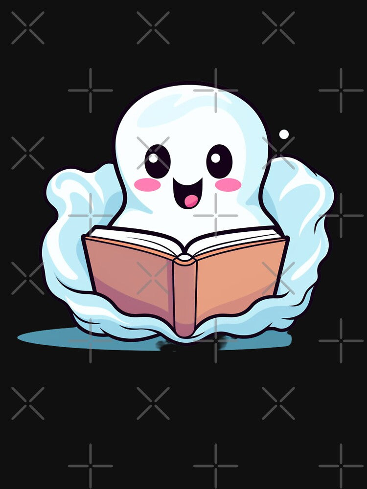 Cute halloween ghost reading pink book by Mateusz Majcherek