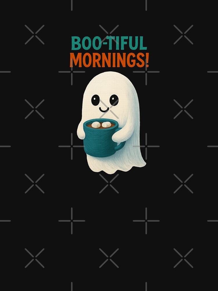 Boo-tiful Mornings – Cute Ghost with Coffee Halloween Design by Liv Solara